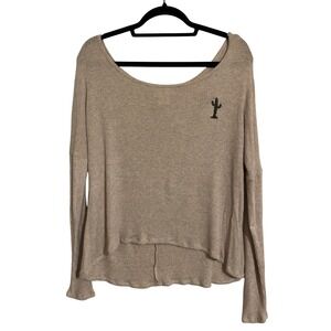 Y2K Wet Seal Beige Ribbed Knit Top Long Sleeve Cactus Casual Comfy Shirt